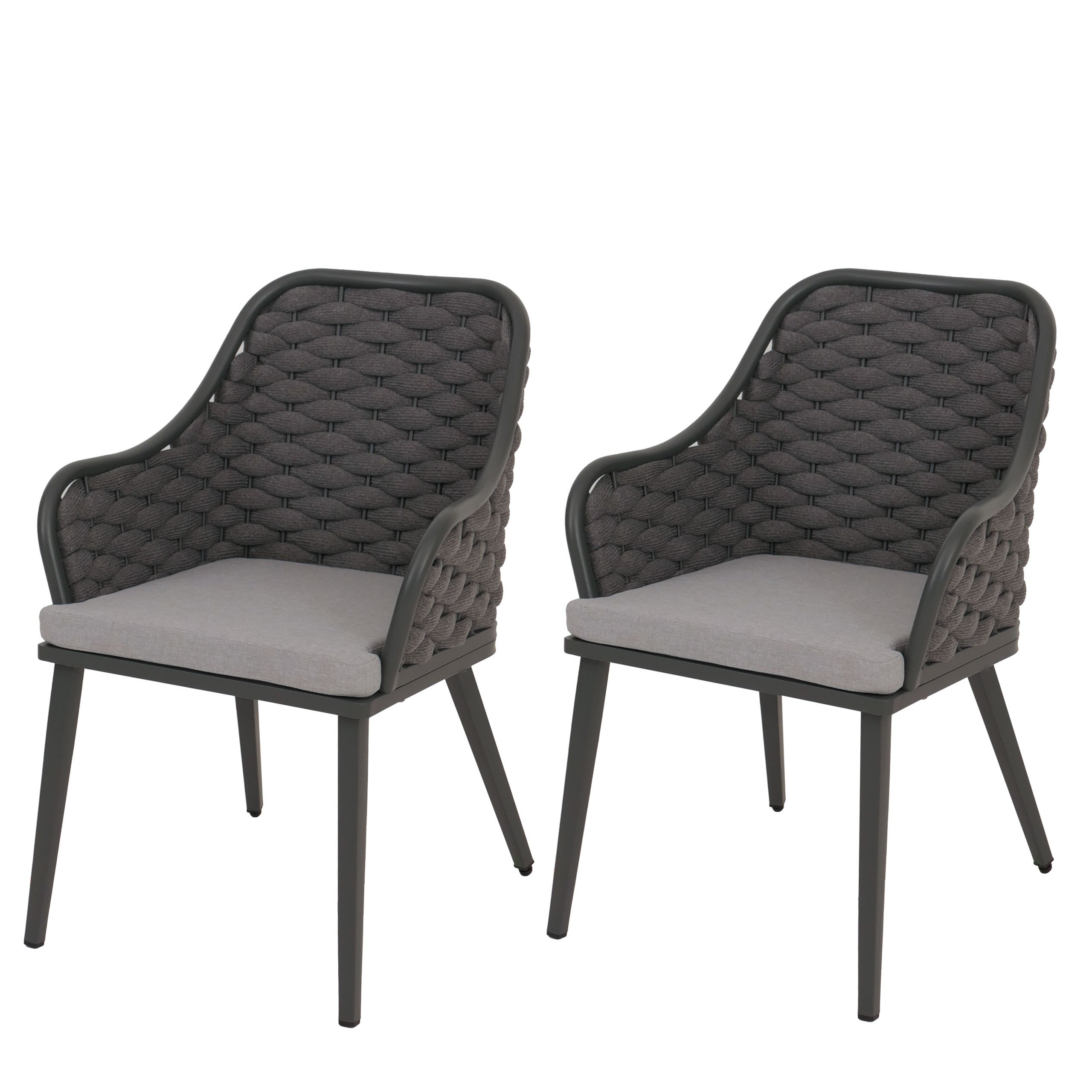 Zestaw 2 aluminiowych krzeseł ogrodowych HWC-O16, krzesło zewnętrzne, splot linowy Olefin (200 g/m²) Lina ~ antracyt Poduszka jasnoszara