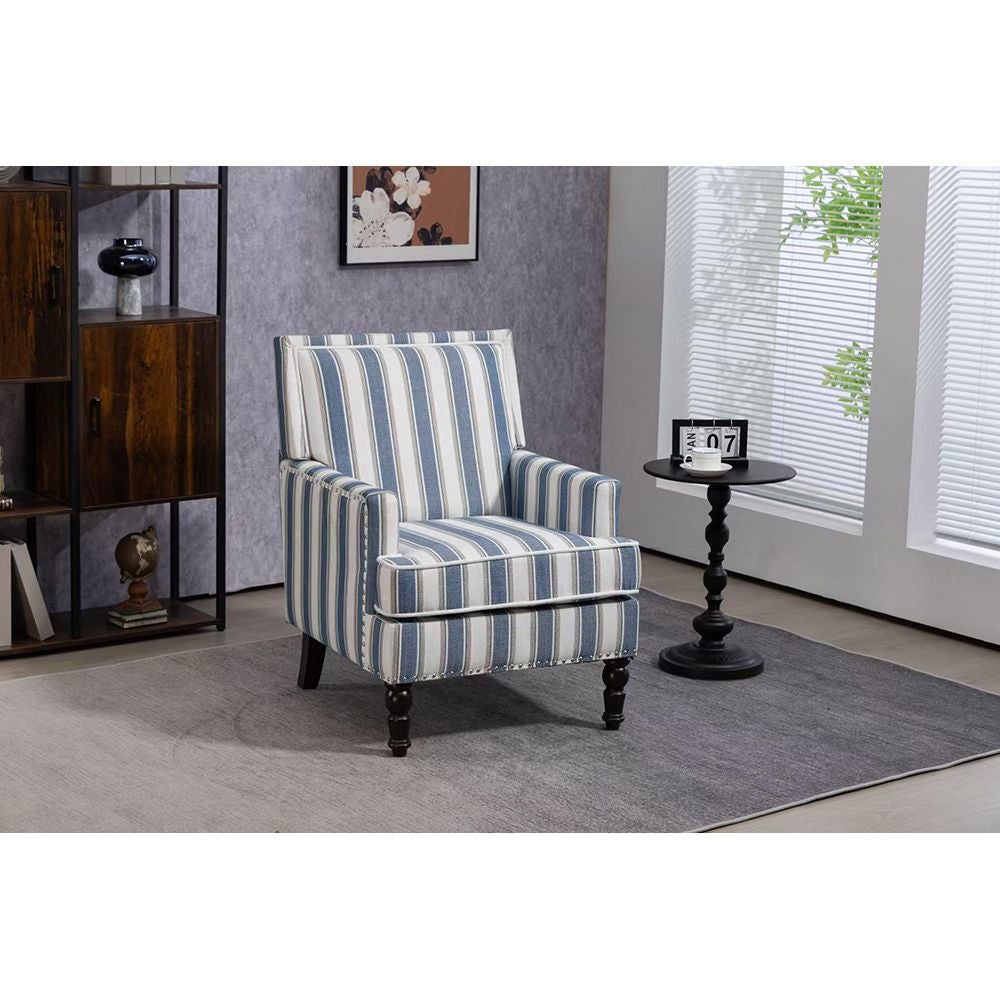 Chaise d'appoint rembourrée vintage tissu lin rayé bleu blanc bordure clous salon - 8