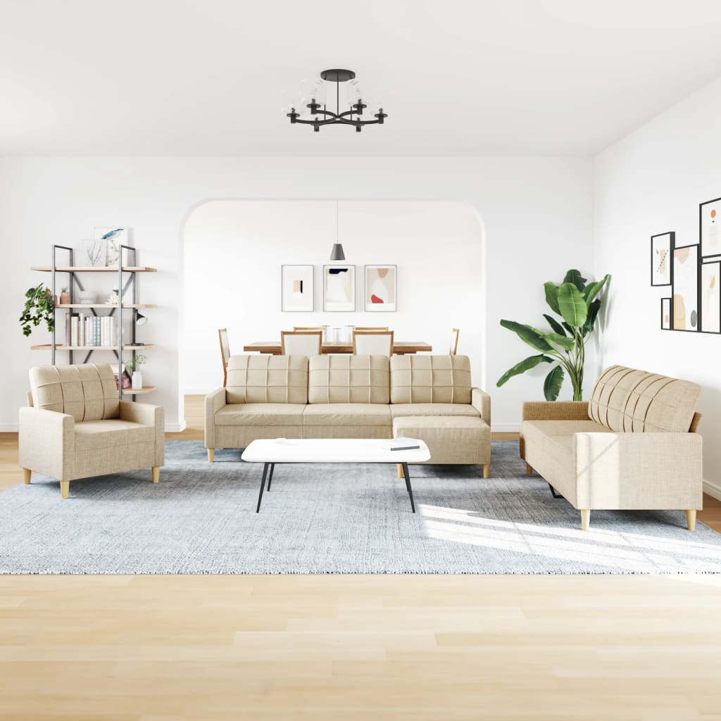 Set di Divani 4 pz con Poggiapiedi Crema in Tessuto vidaXL - 4