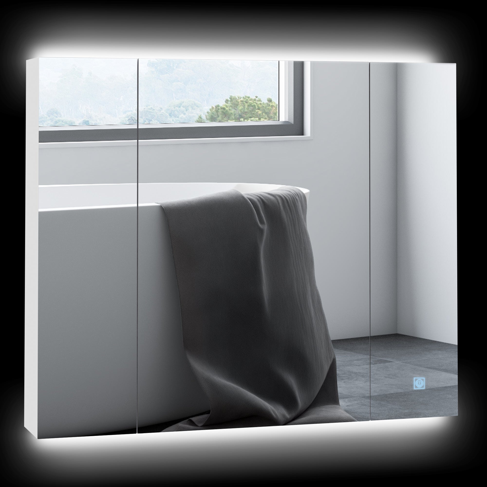 Bathroom cabinet with mirror, led lights, adjustable shelves and usb, modern style, 90x15x75 cm, white