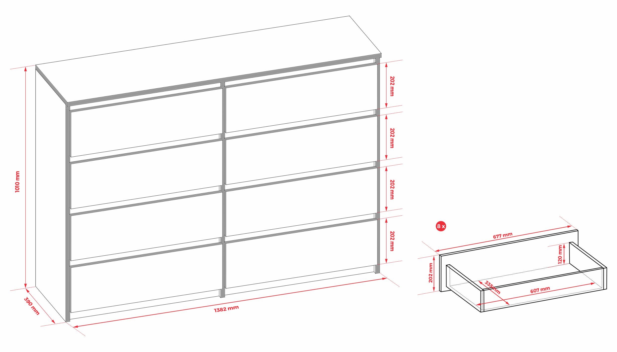 Cassettiera : 8 cassetti, Bianco Opaco / Bianco Lucido, 138 x 101 x 39 cm - 4