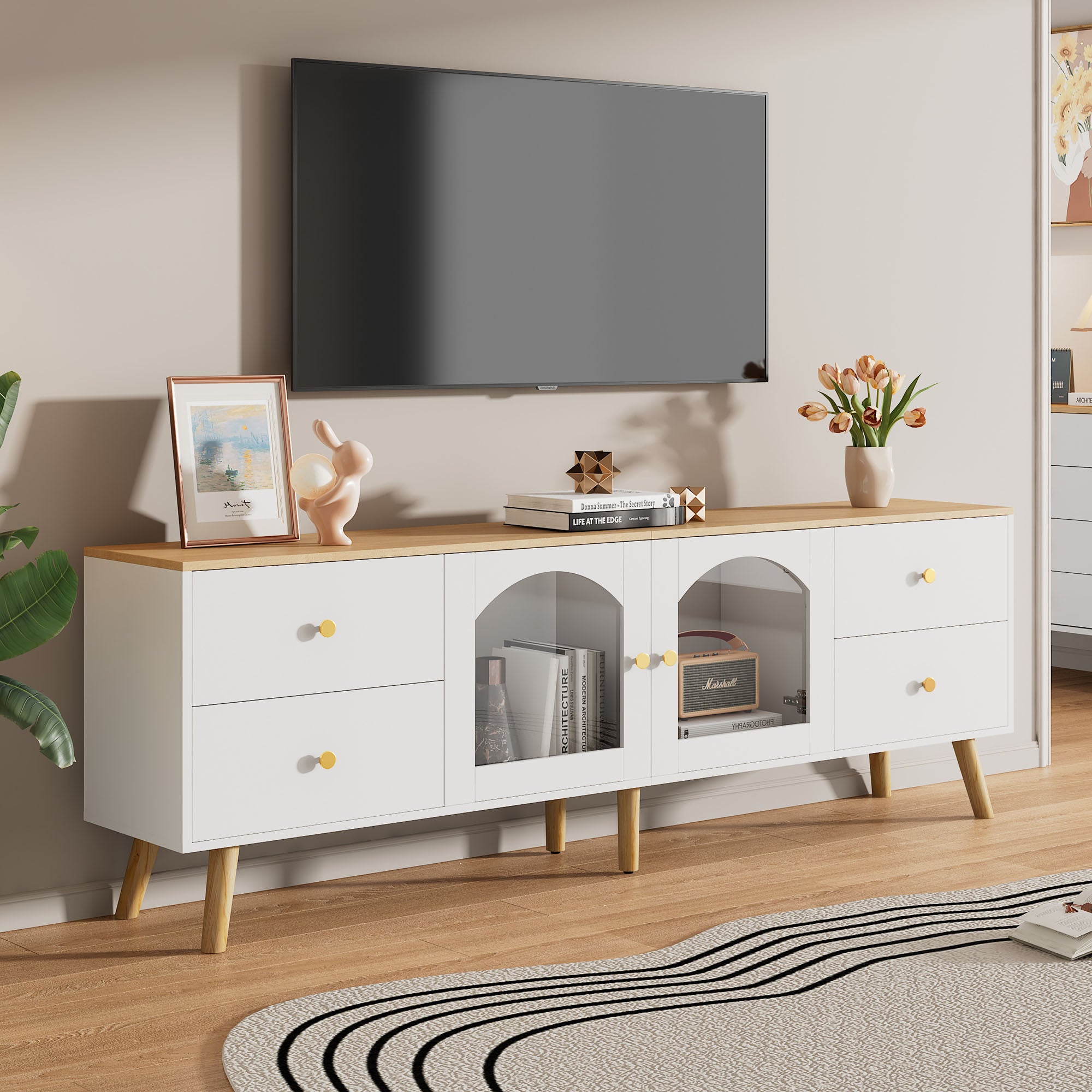 Meuble TV Blanc 108x40x40cm - Bois Et Métal - 2 étagères - Pour Téléviseur Jusqu'à 47 Pouces - Style Scandinave