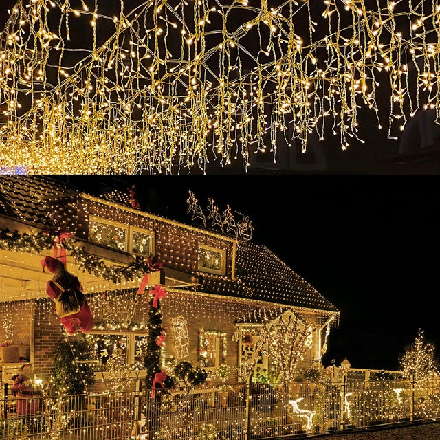 20m 600 LED Pluie Verglaçante Glaçon Noël Jardin Lumières Rideau Guirlande Lumineuse, Blanc Chaud