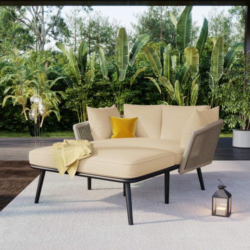 Sofa ogrodowa z 2 poduszkami i leżanką, meble ogrodowe i patio