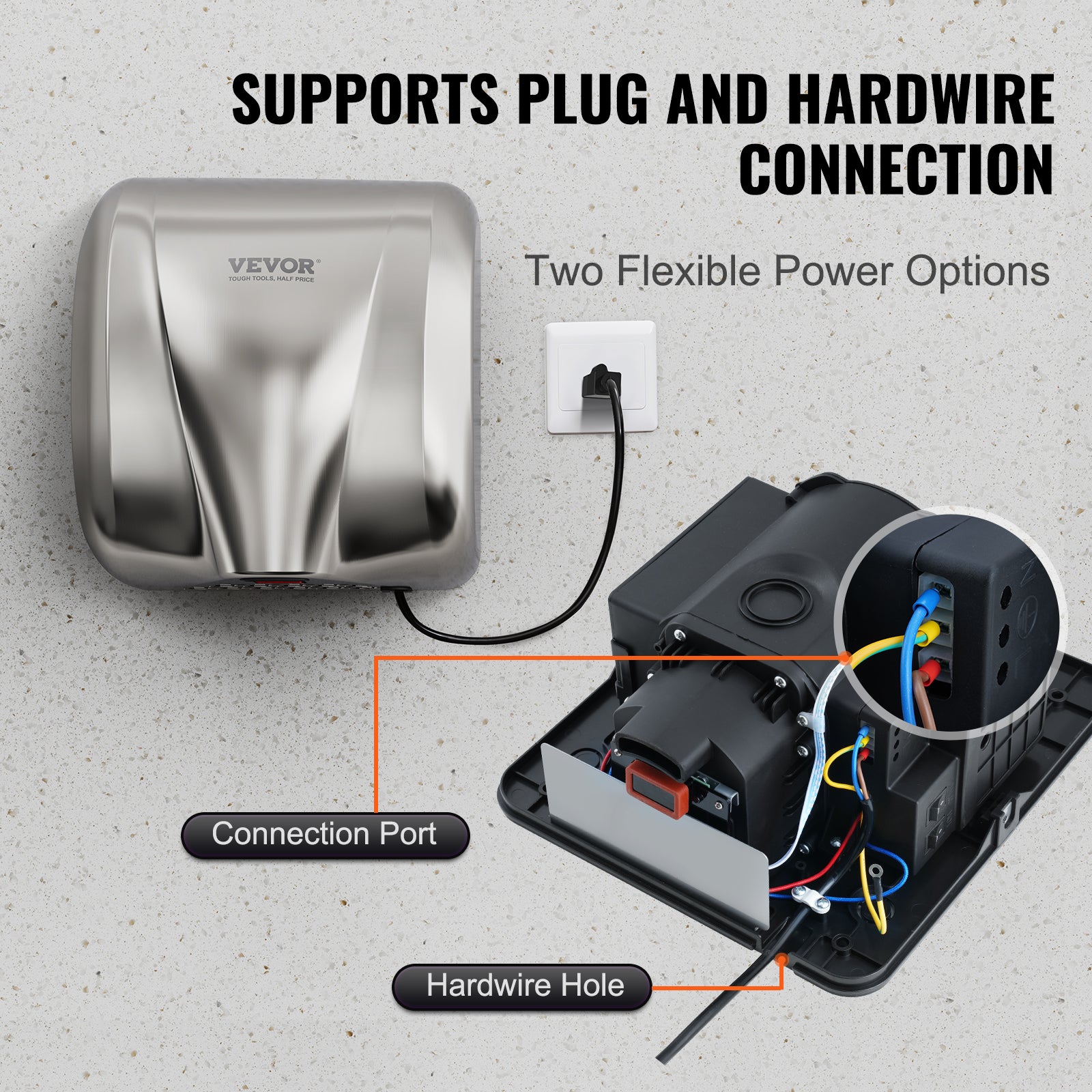 Sèche-mains Électrique VEVOR 1300 W Sèche-mains Automatique Commercial Robuste Acier Inoxydable Haute Vitesse Filtre HEPA 2 Choix d'Alimentation - 6