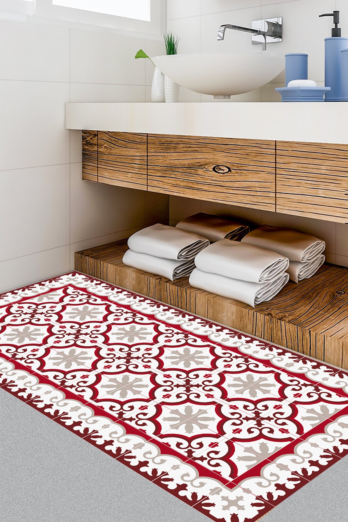 Tapis antidérapant en vinyle Marseille rouge 50x100 cm - PVC imprimé, lavable, ignifuge, pour le salon et la cuisine - 2