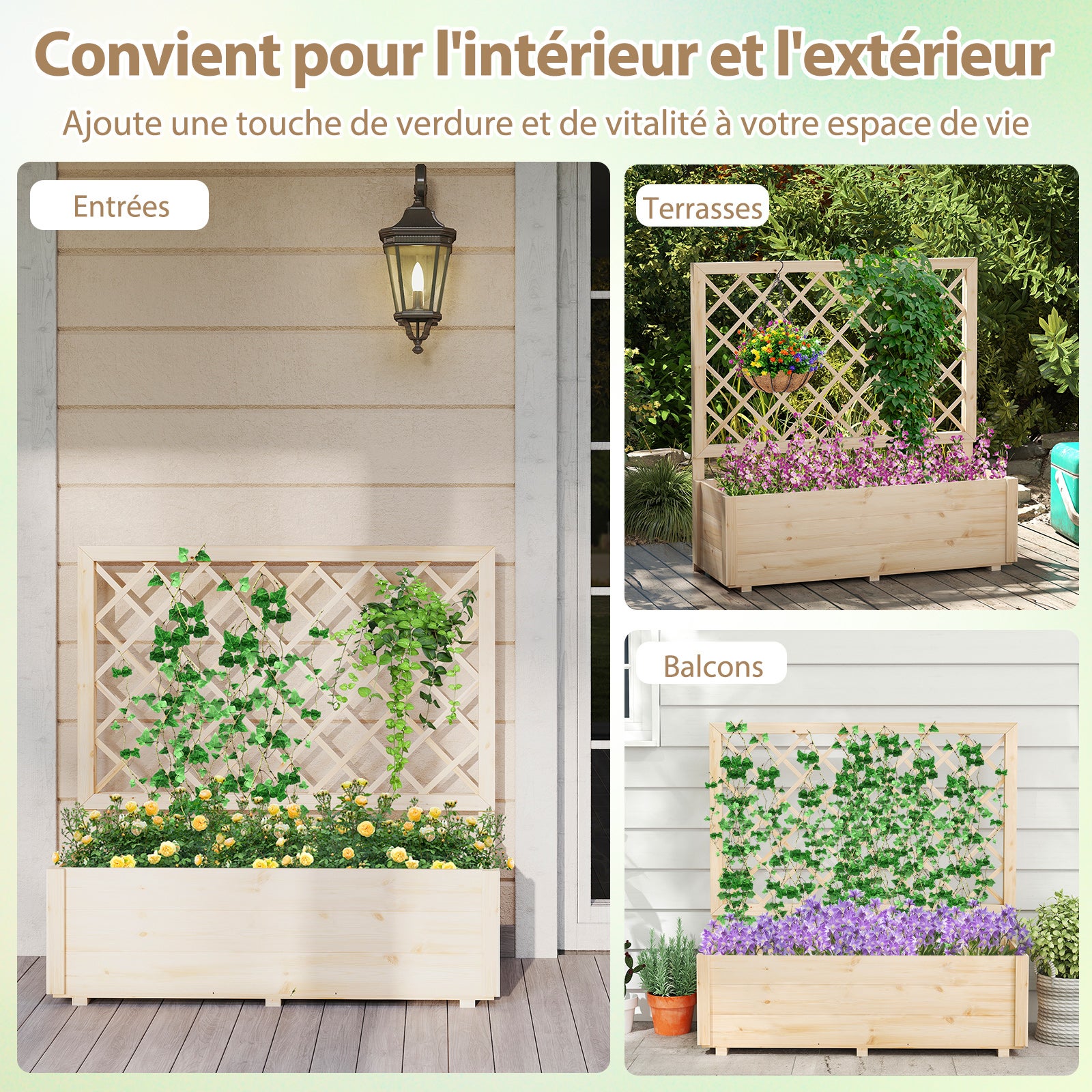 Jardinière Surélevée avec Treillis, Drainage, en Bois Massif pour Plantes Grimpantes, Fleurs, Herbes, Légumes, Fruits, 98 x 35 x 101 cm - 2