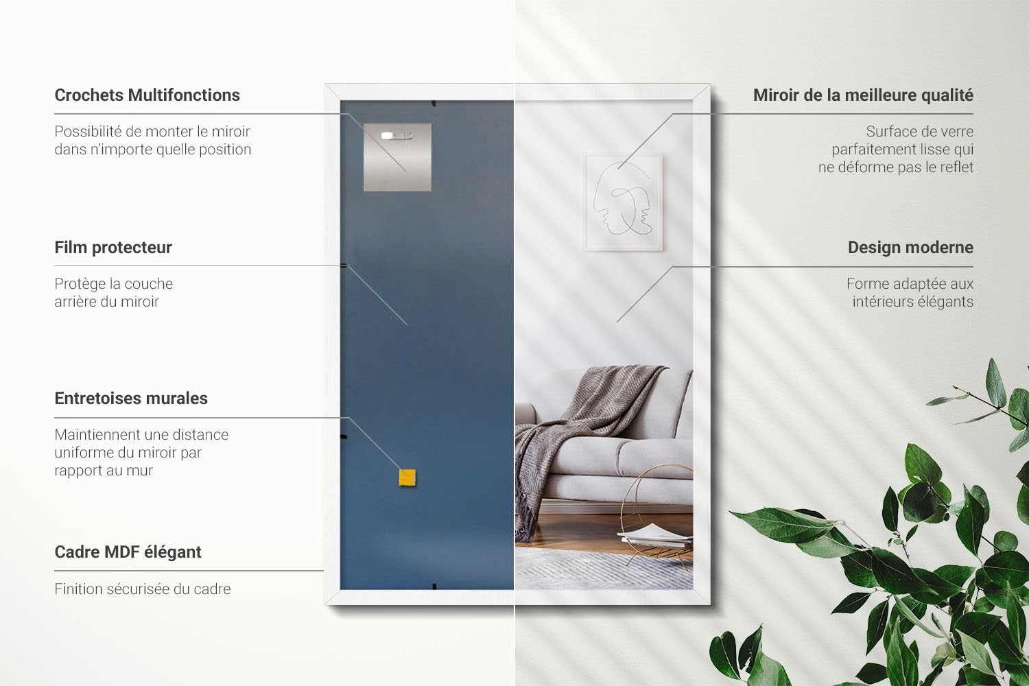 Specchio decorativo MDF bianco, ideale per soggiorno o corridoio 83x63 cm, ArtPrintCave - 3