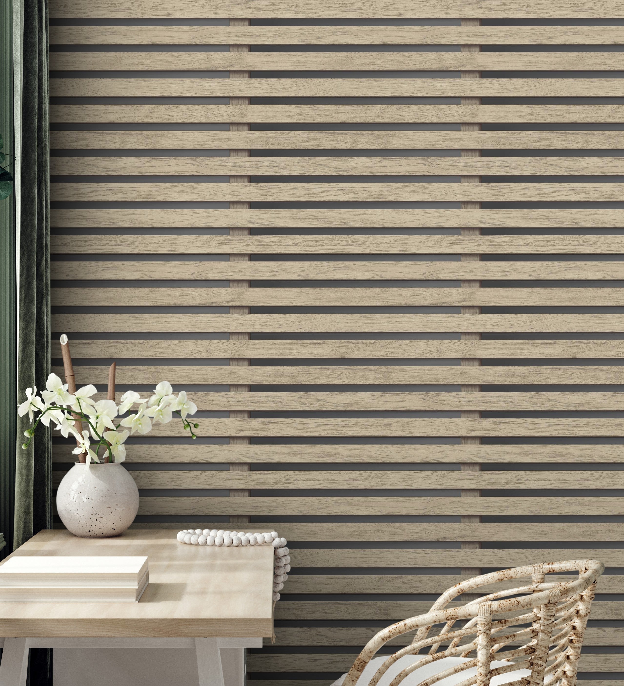 Papel pintado listones de madera natural en paneles fondo oscuro - thabo 681958 de gaulan - rollo de 10 m x 0,52 m