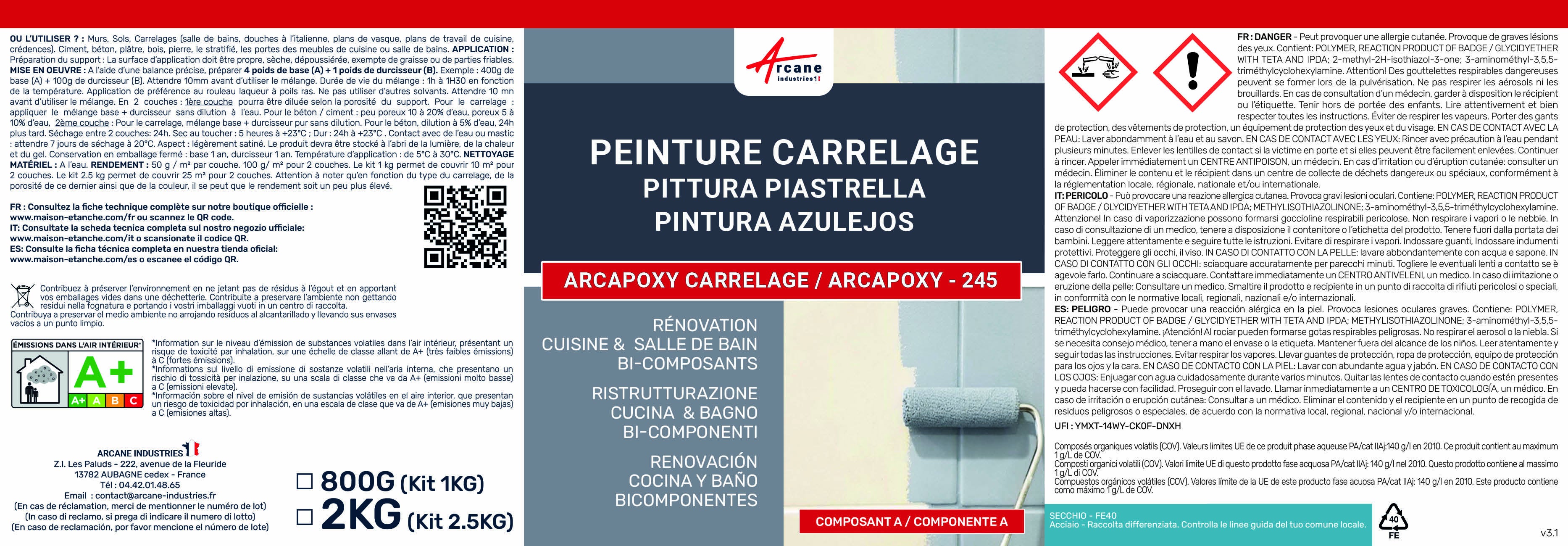 Peinture Carrelage cuisine, Salle de bain: ARCAPOXY CARRELAGE Gris Agate - RAL 7038 - 1 kg (jusqu'à 10 m² en 2 couches) - ARCANE INDUSTRIES - 10