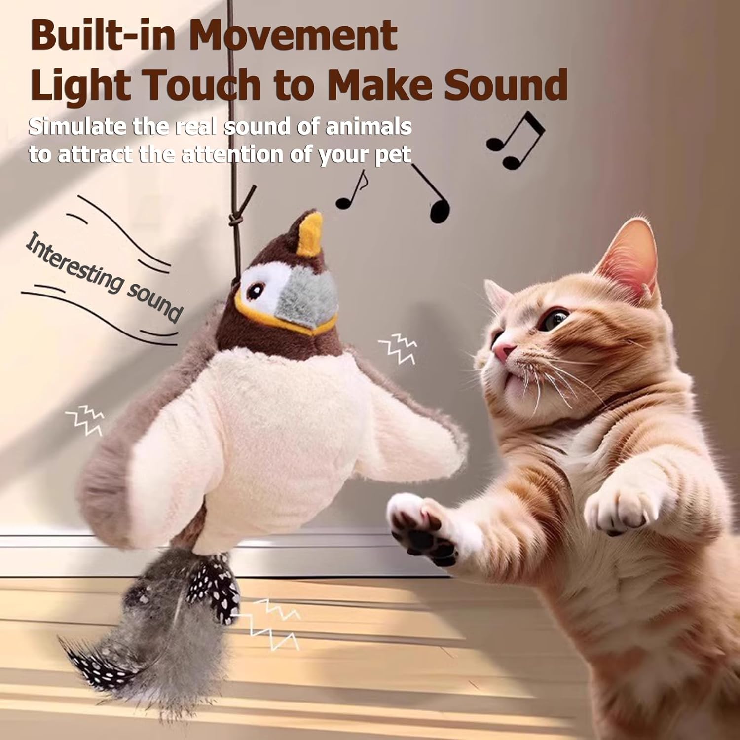 Pájaro volador para gatos, pájaro que canta para gatos, pájaro que canta simuladamente, interactivo para gatos, regalo para gatos (gorrión) - 3