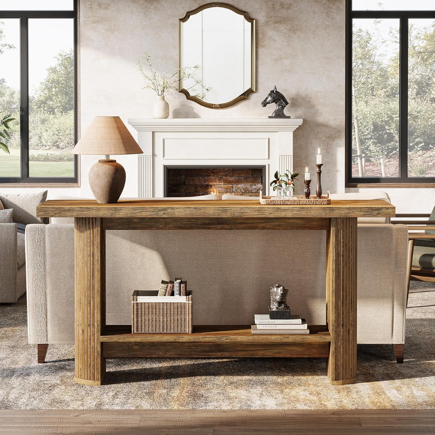 Tribesigns Console,table d'entrée/table de canapé étroite avec 2 étagères, 140 x 30 x 80 cm, en bois, marron - 5