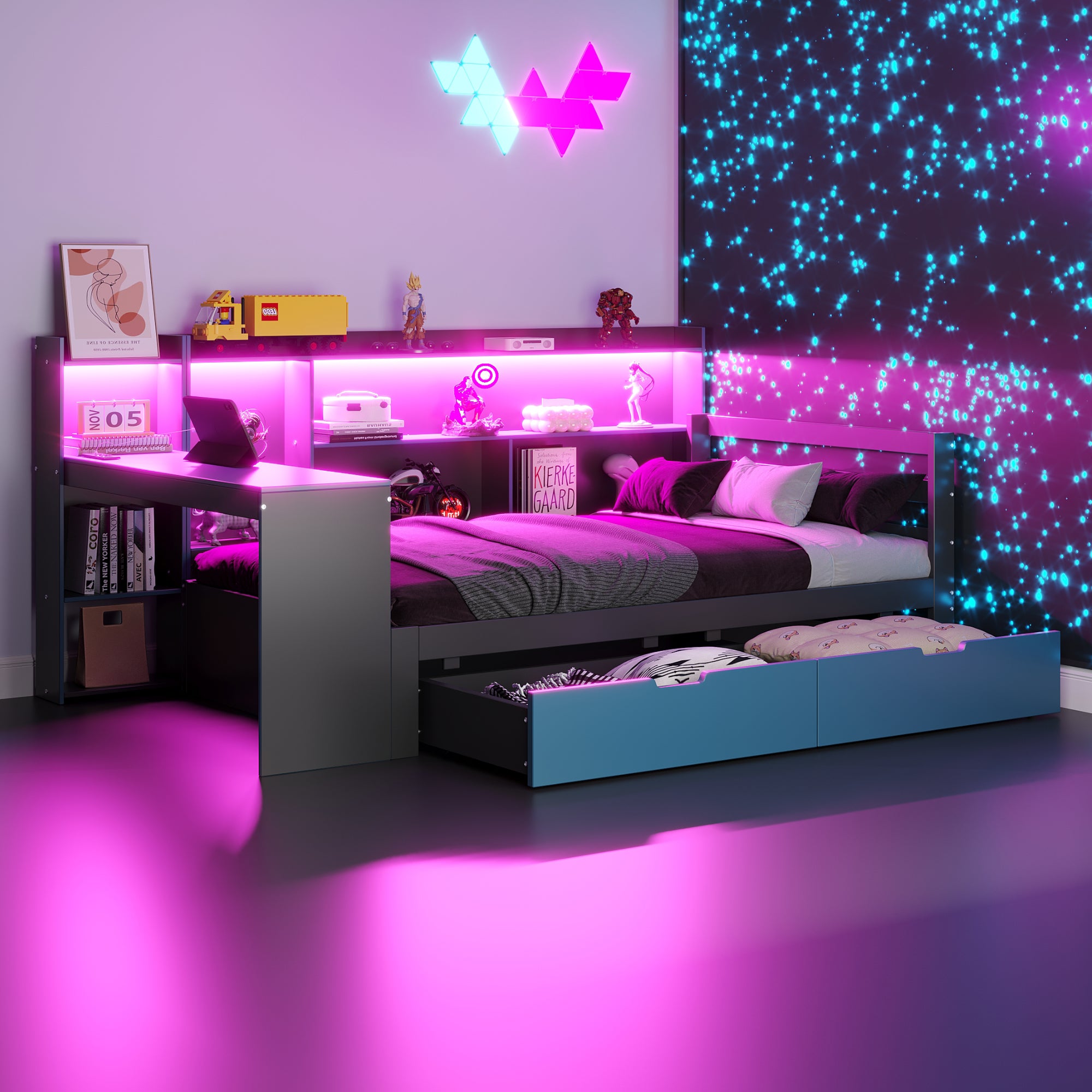 Łóżko 90 x 200 cm z biurkiem, 2 szufladami i schowkami, sofa rozkładana - sosna + sklejka + płyta MDF - diody LED i gniazdka - czarno-niebieskie