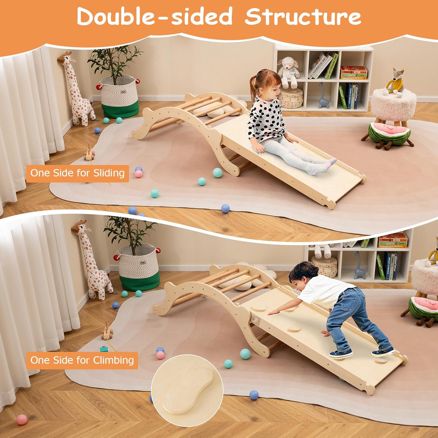 4 en 1 Arche d’Escalade Montessori Enfant Bois avec Toboggan Ajustable en Bois, avec Coussin Charge 60KG pour Bébé 1 an+ (Naturel Plus) - 2