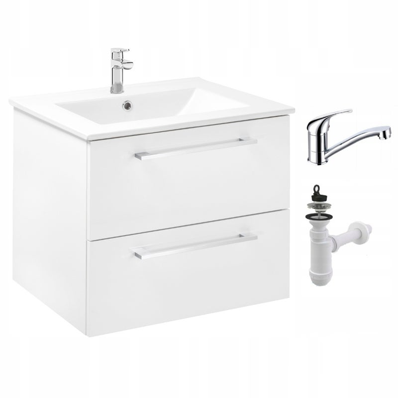 Szafka Łazienkowa z Umywalką 60 x 47 cm Biała Połysk Szuflady Bateria Obrotowa