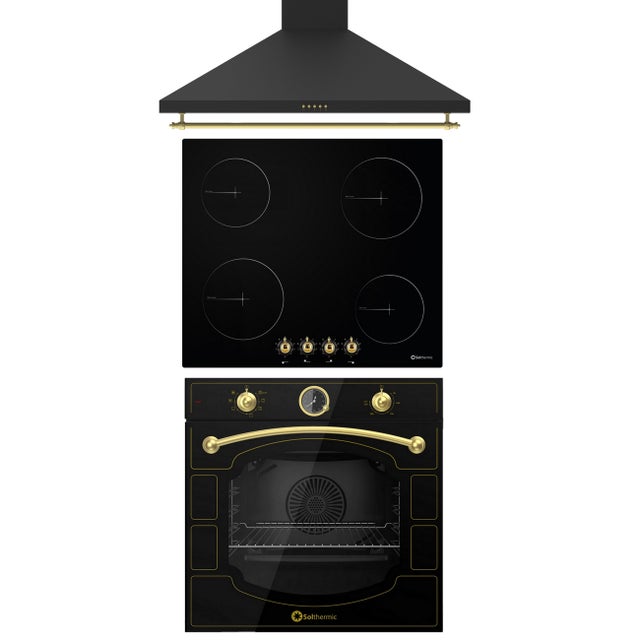 Solthermic® Combo Pack Placa Vitro Pvtc60 4 Fuegos Rustica + Campana De 60 Negra + Horno Eléctrico Qr Gap Negro Rústico