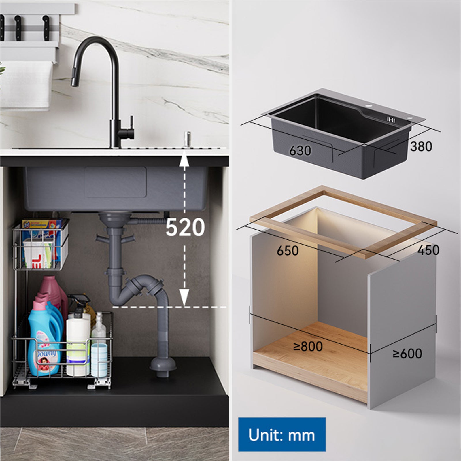 Auralum max Évier 1 Bac 68×48x21CM Évier Inox Noir avec Vasque + Distributeur de Savon - Évier à Encastrer/A poser - 4