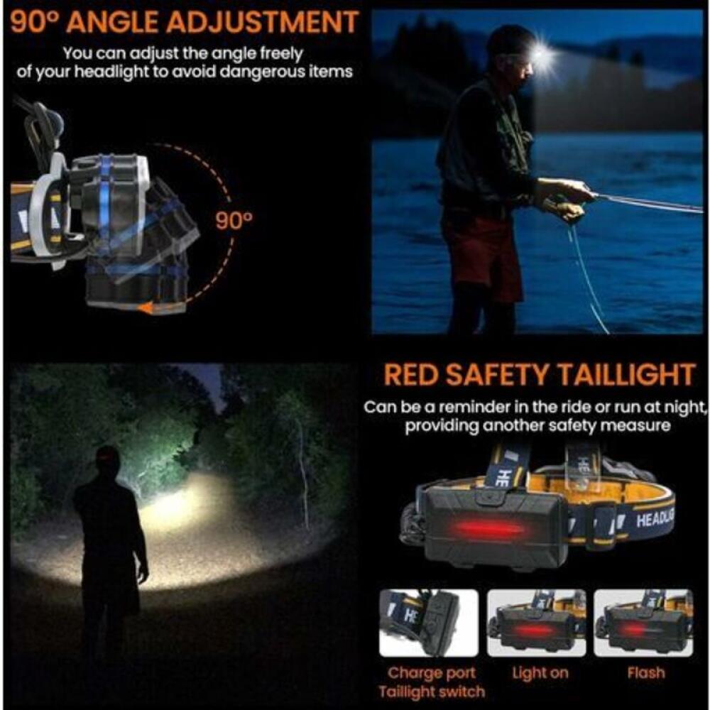 Lampe frontale LED rechargeable 8 modes, lampe frontale super lumineuse, 8 LEDs, avec voyant d'avertissement, USB et 2 piles étanches, pour camping - 5