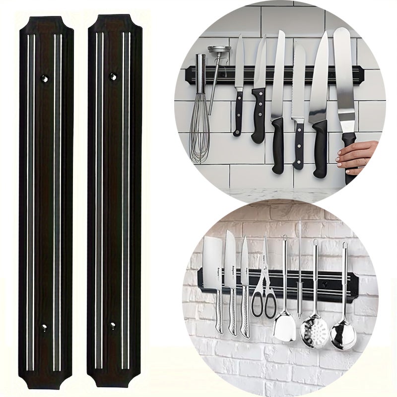 Zestaw 2 naściennych magnetycznych uchwytów na noże kuchenne, 38 cm, pojedyncza plastikowa półka, listwa magnetyczna na narzędzia kuchenne