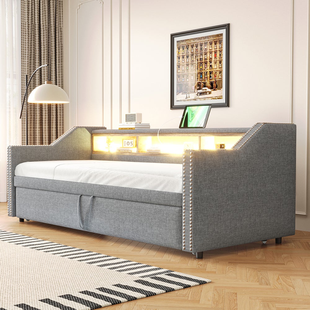 Canapé-lit extensible 90/180 x 190 cm, éclairage LED et prise USB, gris clair - 4