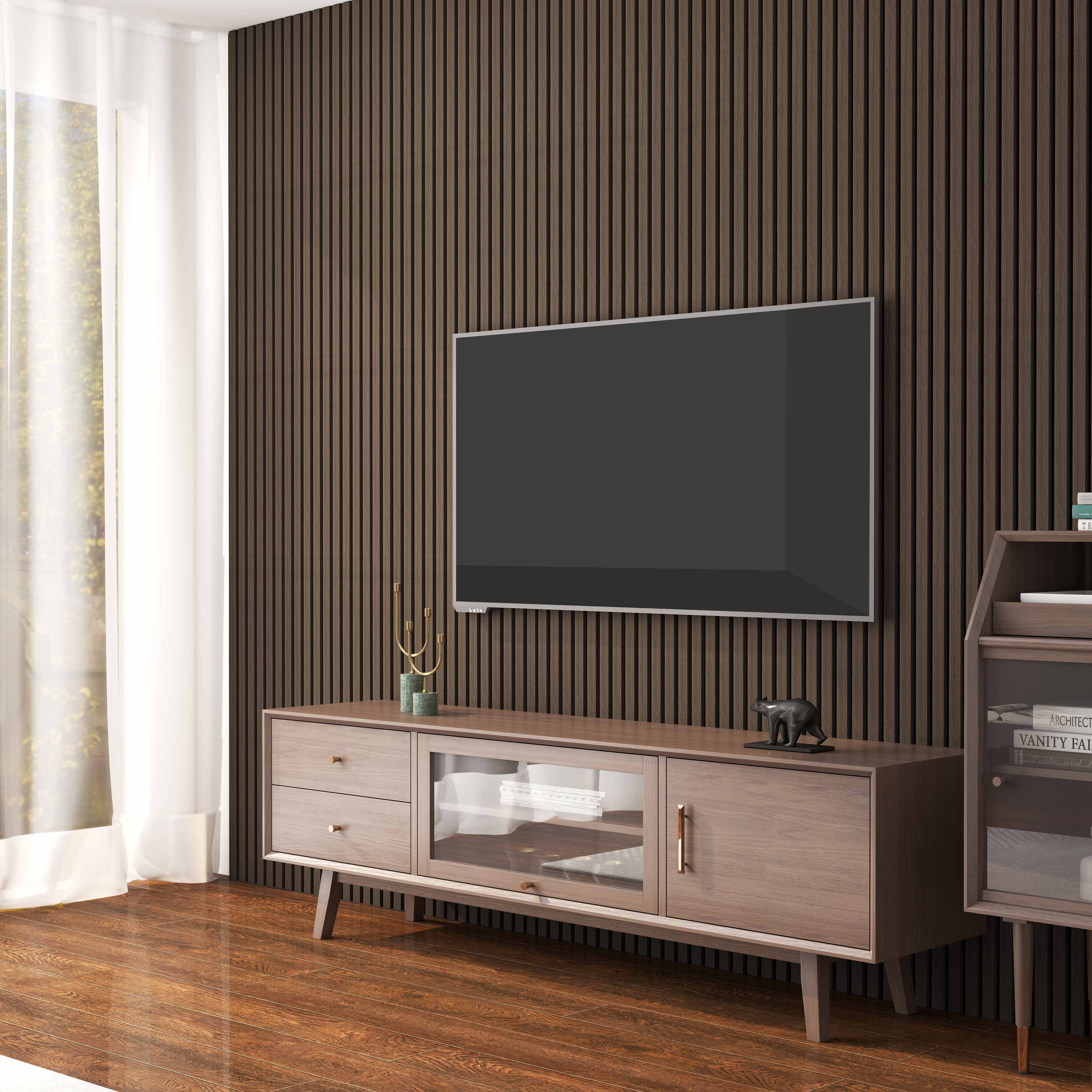 Lot de 2 panneaux muraux acoustiques décoratifs en bois MDF 260 x 30 cm, finition chêne noyer, excellente isolation phonique, installation facile. - 2
