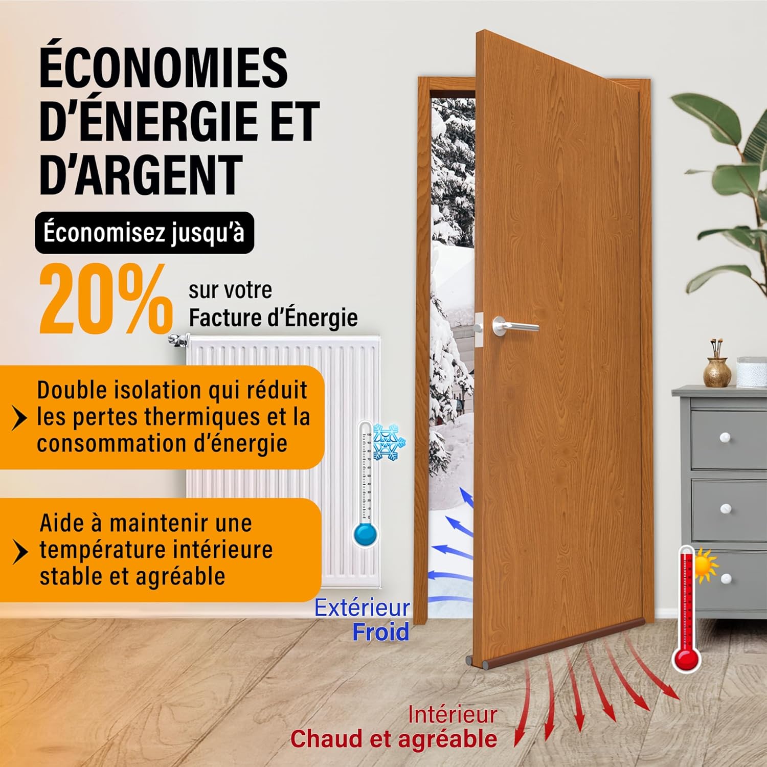 Boudin de Porte Isolant Froid – Bas de Porte Isolant, Anti Courant d'air, Isolation Phonique et Thermique,Ajustable jusqu'à 93cm (1, Marron) - 2