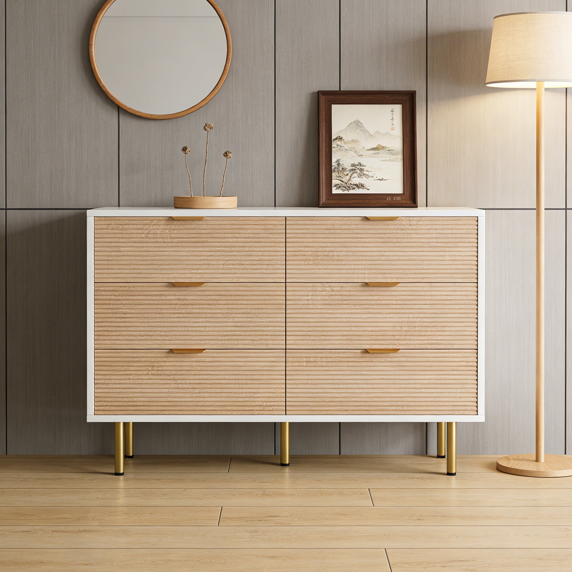 Commode avec 6 tiroirs, COZY, commode de chambre en bois, pieds en métal, 100x34x73 cm, pour chambre et salon, Blanc et Bois - 4