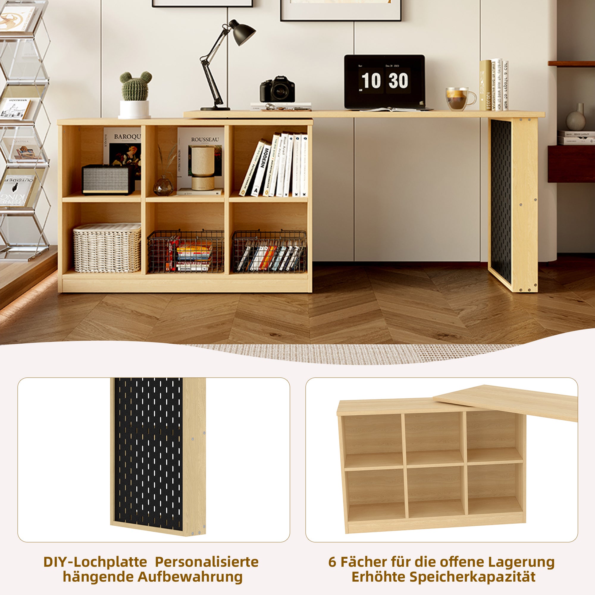 Bureau d'angle multifonctionnelle avec 6 compartiments + étagère - 140 x 104 x 75 cm - Bois MDF - Naturel - 6