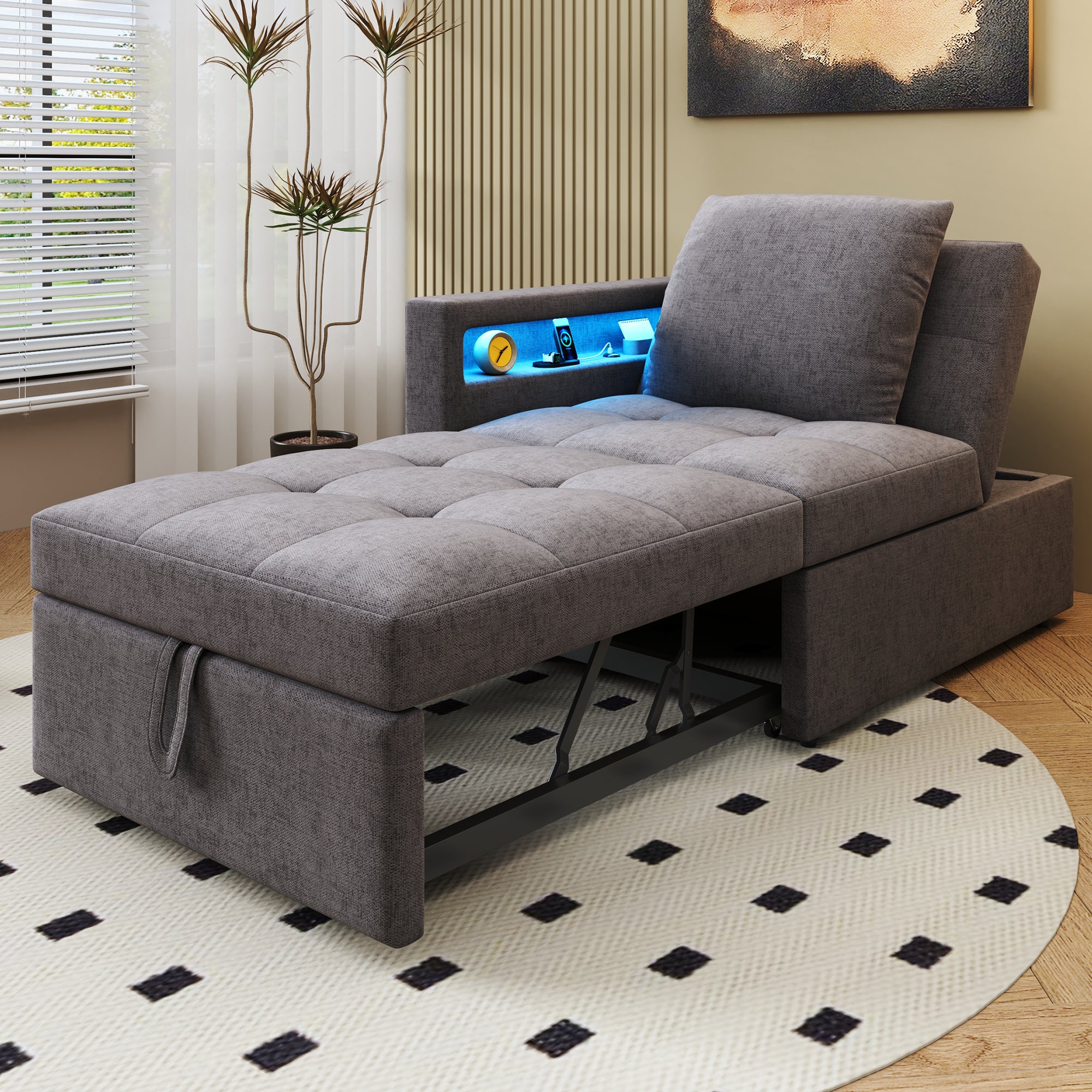 Łóżko tapicerowane 2 w 1 z regulowanym oparciem – 177 x 68 x 65 cm – tkanina lniana – porty LED i USB/typu C – kolor szary (bez materaca)