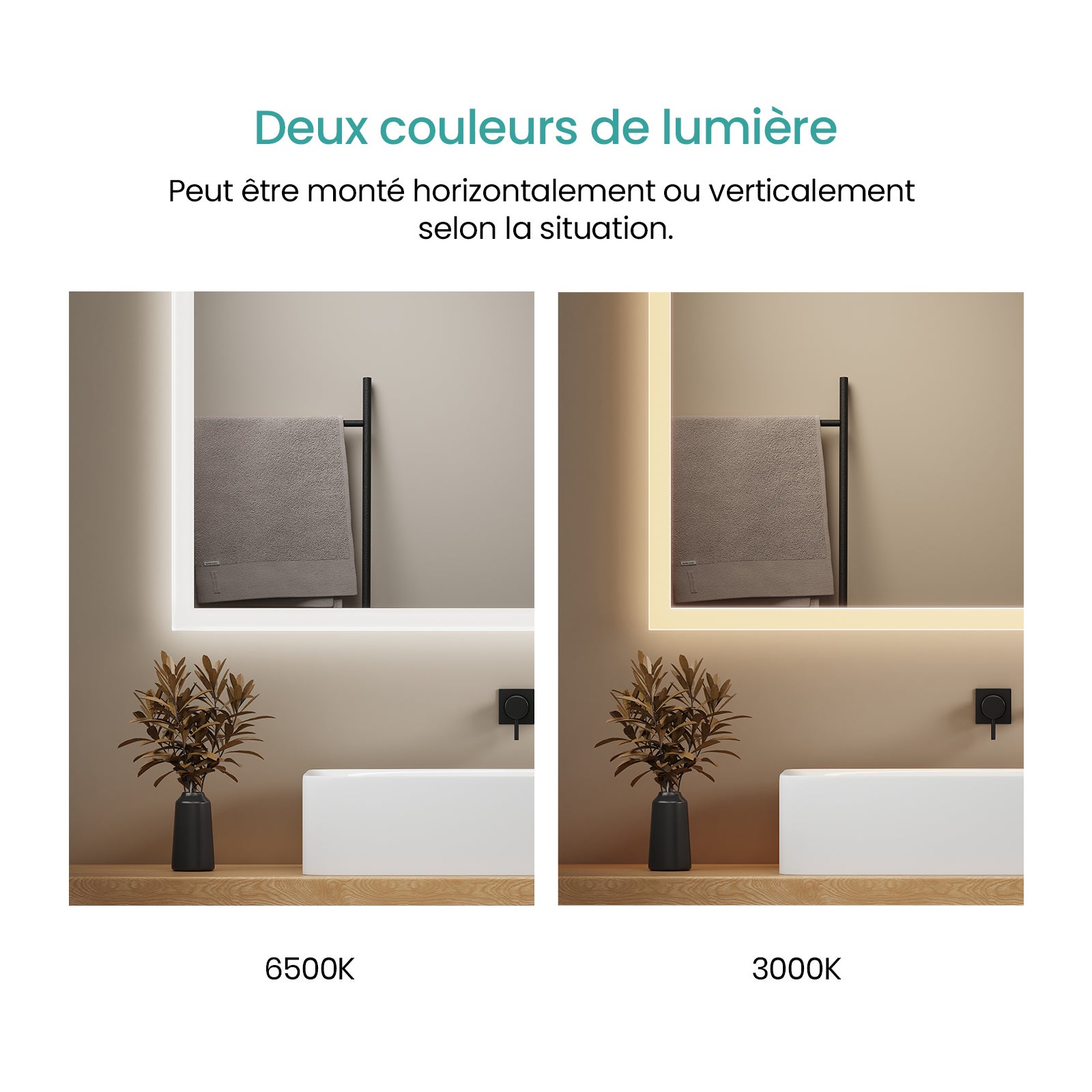 EMKE Miroir lumineux salle de bain 120x60cm, Miroir LED avec Interrupteur à bouton, Anti-buée, Miroir avec éclairage lumière Blanche Froide/Chaude - 3