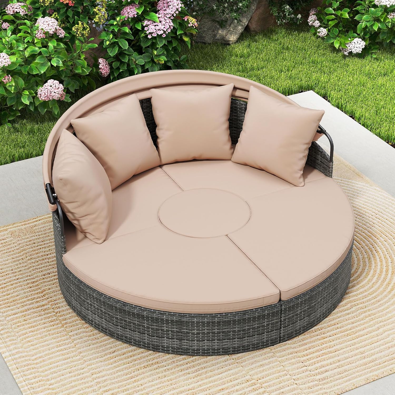 Lit Rond d'Extérieur avec Auvent Rétractable, Canapé d'Extérieur en Sections en Rotin PE avec Coussins, pour Jardin, Piscine, Beige - 8