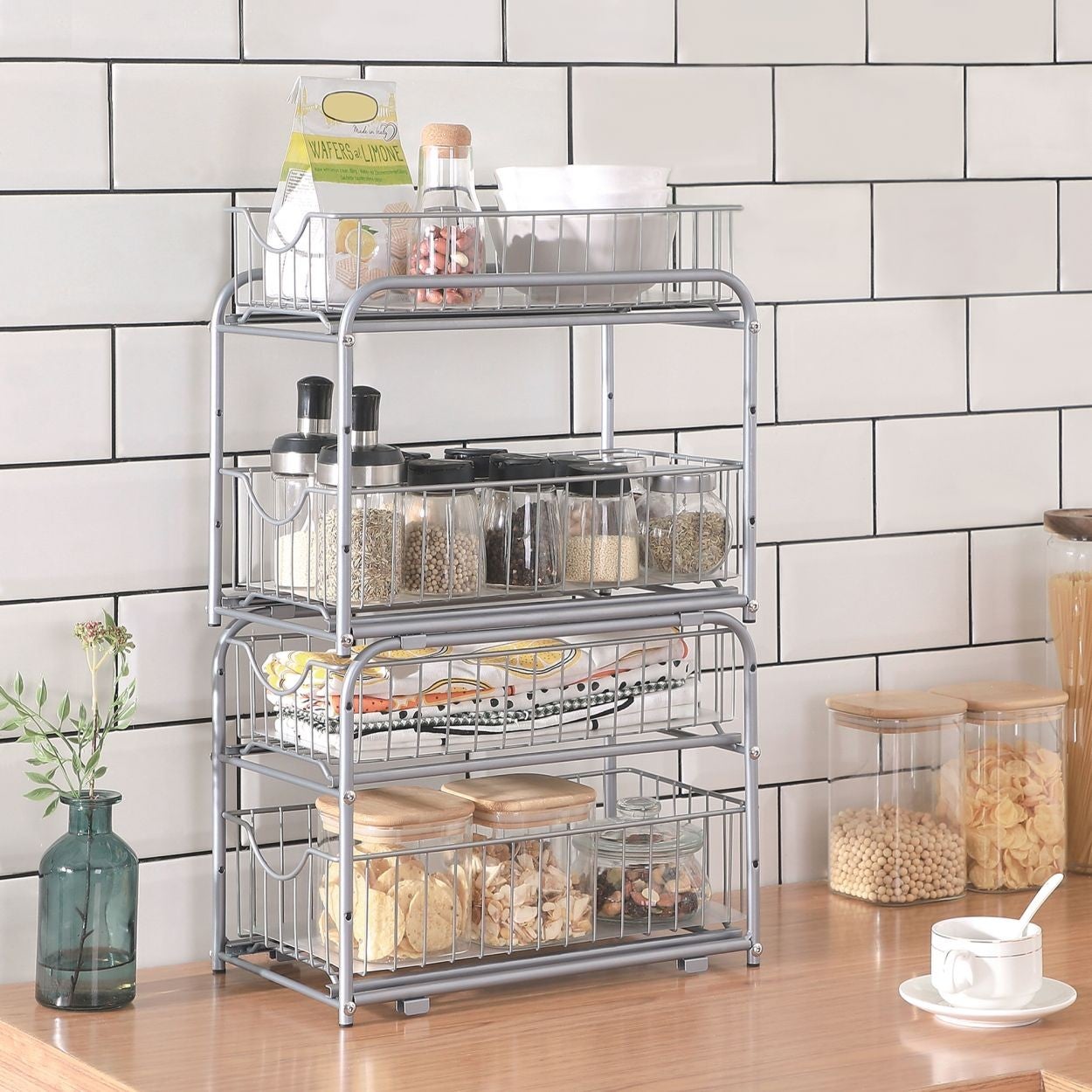 Organiseur de Cuisine, Étagère sous Évier, 2 Paniers Coulissants, Empilable,pour Rangement dans Placard, pour Cuisine, Salle de Bain,Gris Tourterelle - 8