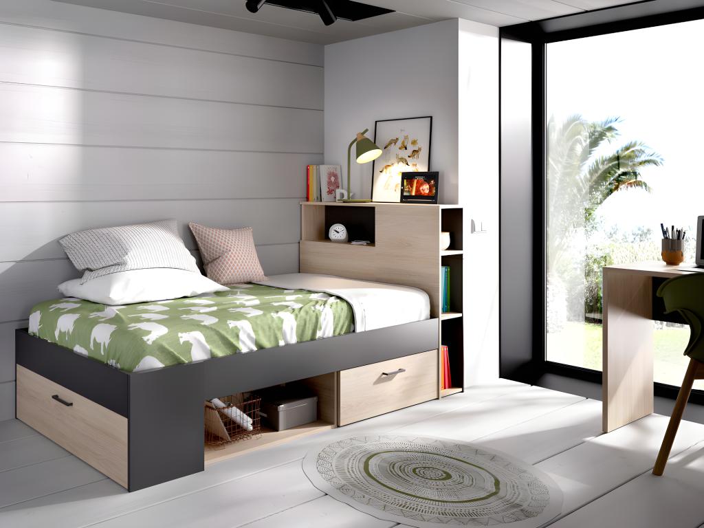 Lit avec tête de lit rangements et tiroir - 90 x 190 cm - Anthracite et