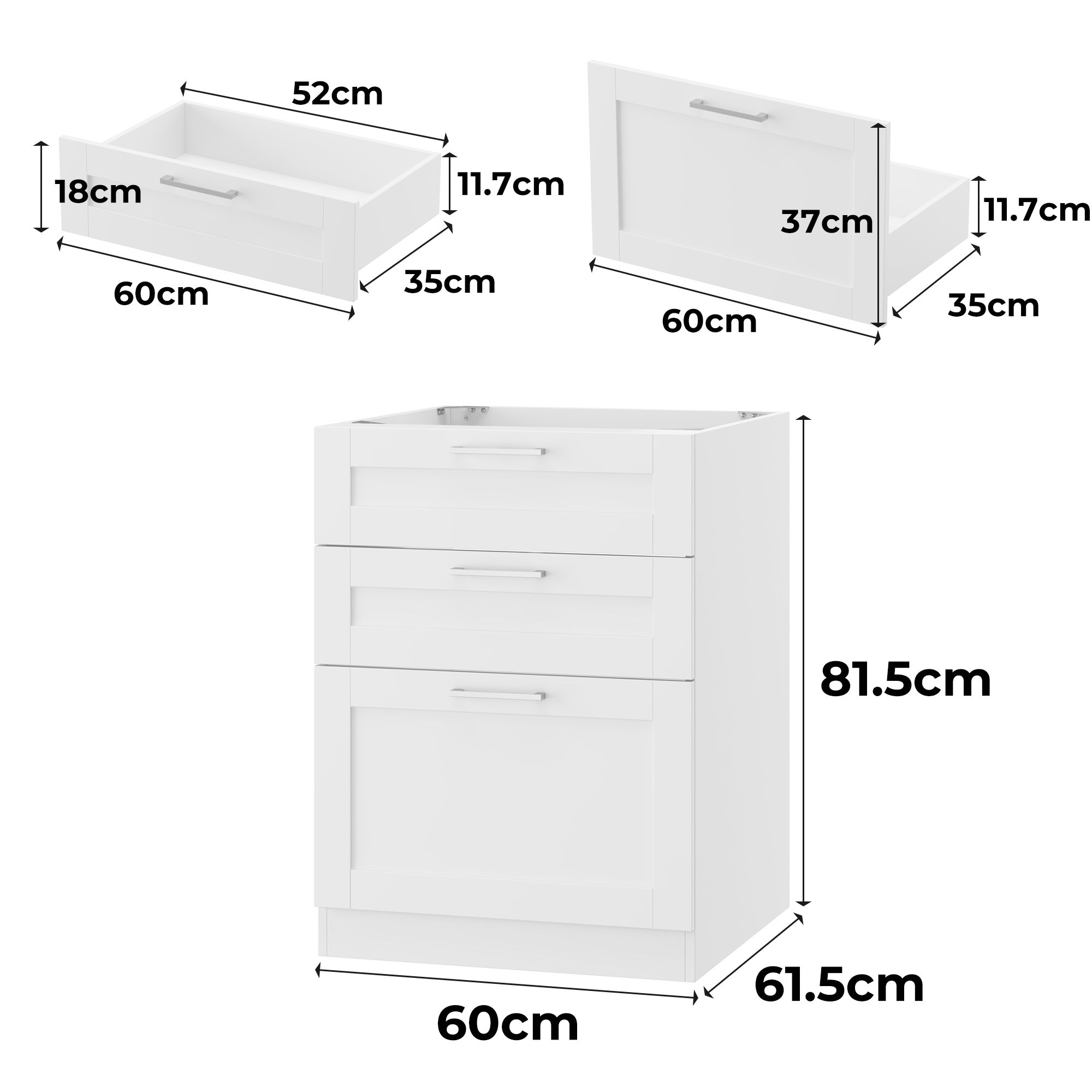 Meuble Bas de Cuisine sans PT, Élément Bas de Cuisine avec 3 Tiroirs et Poignée Argentée, 60 x 61.5 x 81.5cm, Blanc - 3