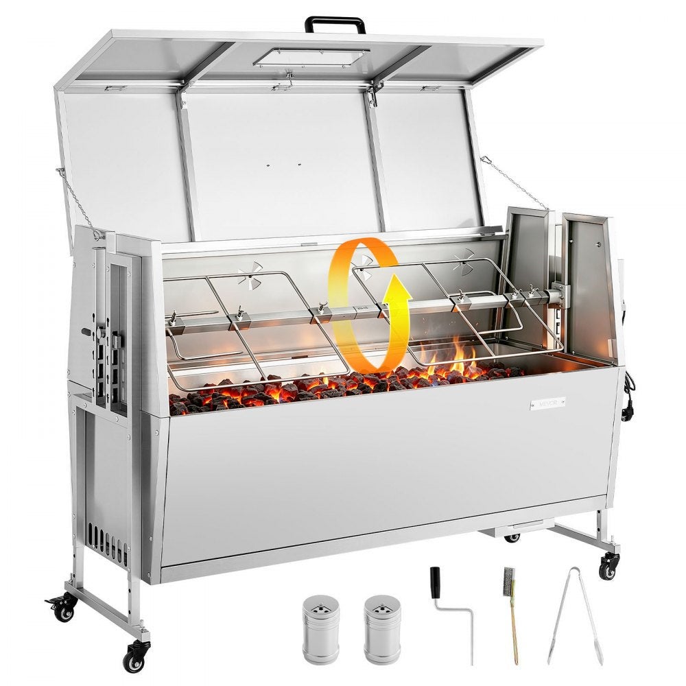 Essenza Barbacoa Giratoria De 38W Con Capacidad Para 60 Kg, Ruedas Y 4 Alturas, Acero Inoxidable, 158 X 55 X 104 Cm, Para Asados Al Aire Libre Carne Acero Inoxidable, Leroy Merlin