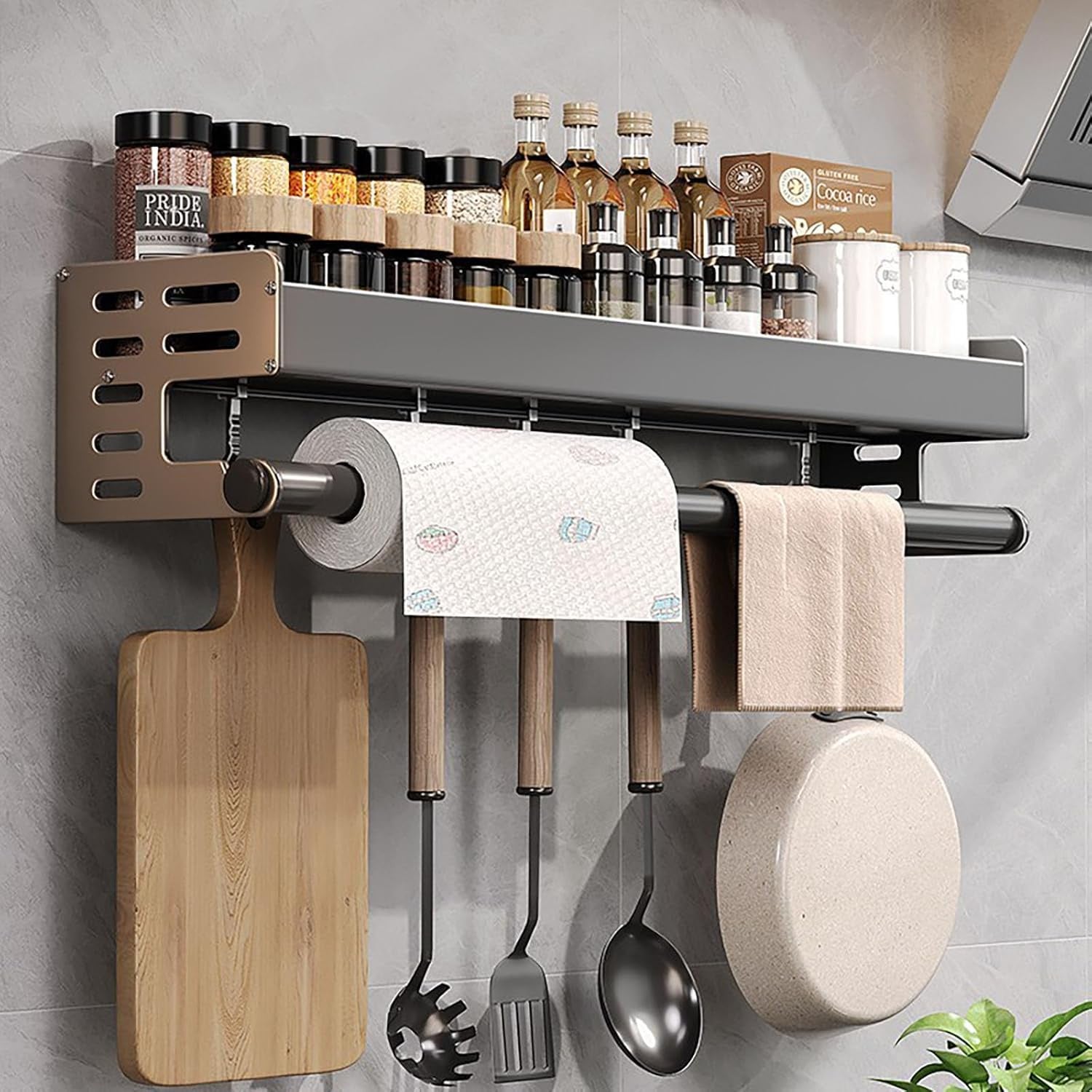 Étagère Épices Murale Aluminium 40cm Étagère Murale Cuisine Sans Perçage avec Crochets - 3