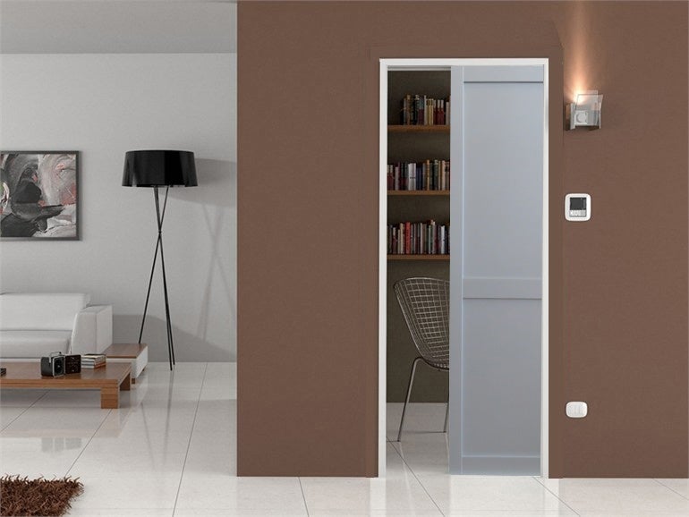 Puerta corredera athena gris claro de 2 paneles h204 x l83 cm, con guarnecido, kit de acabados gd menuiseries sin manilla