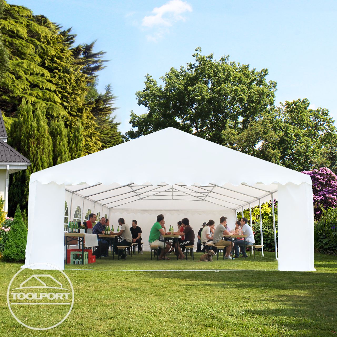 TOOLPORT Tente Barnum de Réception 6x12 m Bâches PVC 750 N bleu-blanc Cadre de Sol Jardin - 3