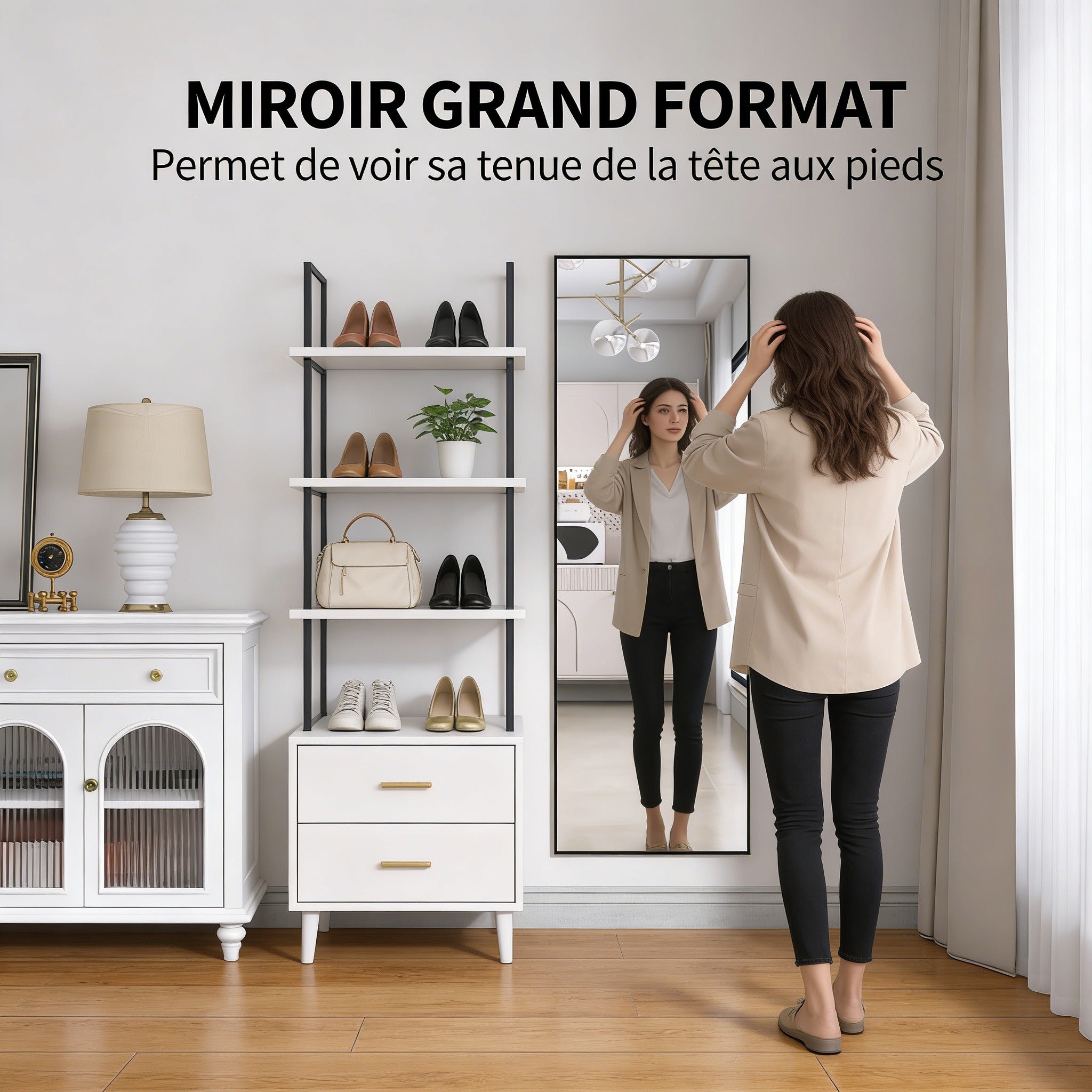 Miroir sur pied classique 165x60 cm - Grand Miroir rectangulaire - Cadre en Aluminium - Salon, Chambre à Coucher, Dressing - Noir - 3