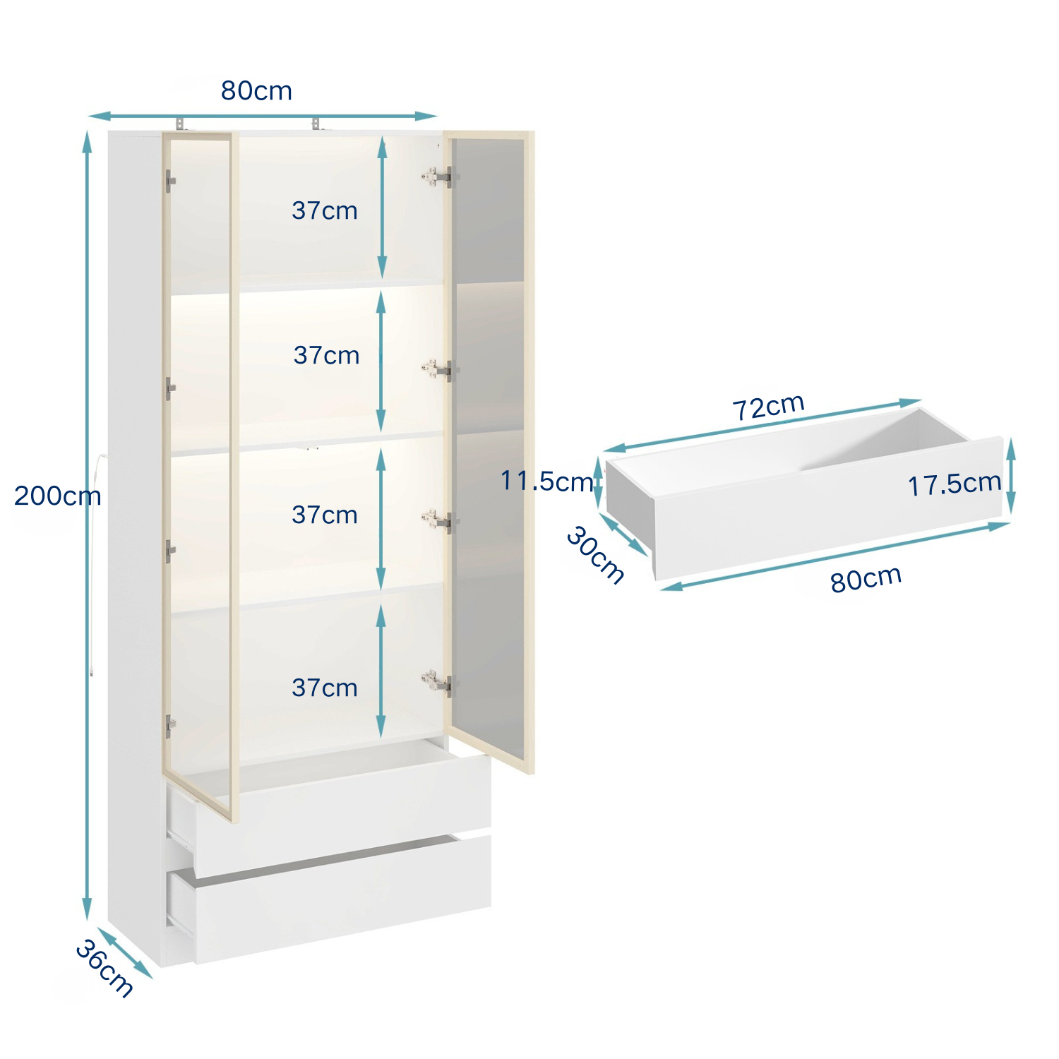 Vitrine à Lumières LED 3 couleurs, Armoire de Collection avec 2 Portes en Verre et 2 Tiroirs, Bureau et Salon, 80x36x200, Blanc - 2