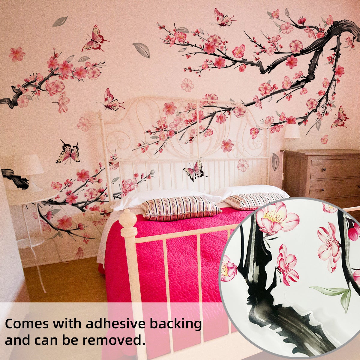 Sticker mural branche de fleur de prunier rose, sticker mural décoratif papillon fleur tombante, adapté à la chambre d'enfant,chambre à coucher,salon - 5