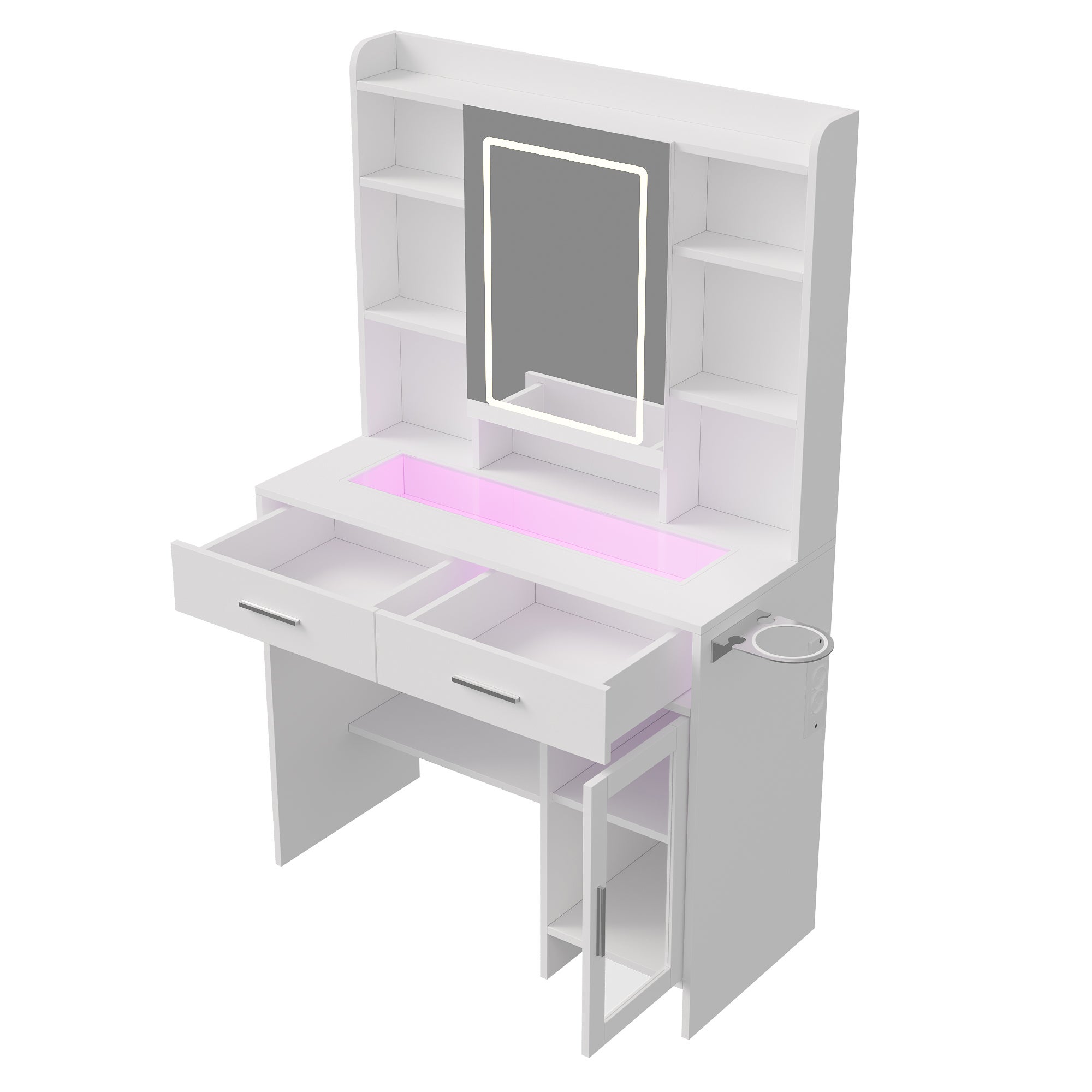 Coiffeuse avec éclairage, luminosité réglable, casiers visuels, miroir LED, avec prises, coiffeuse avec 2 tiroirs, 5 compartiments ouverts, blanche - 10