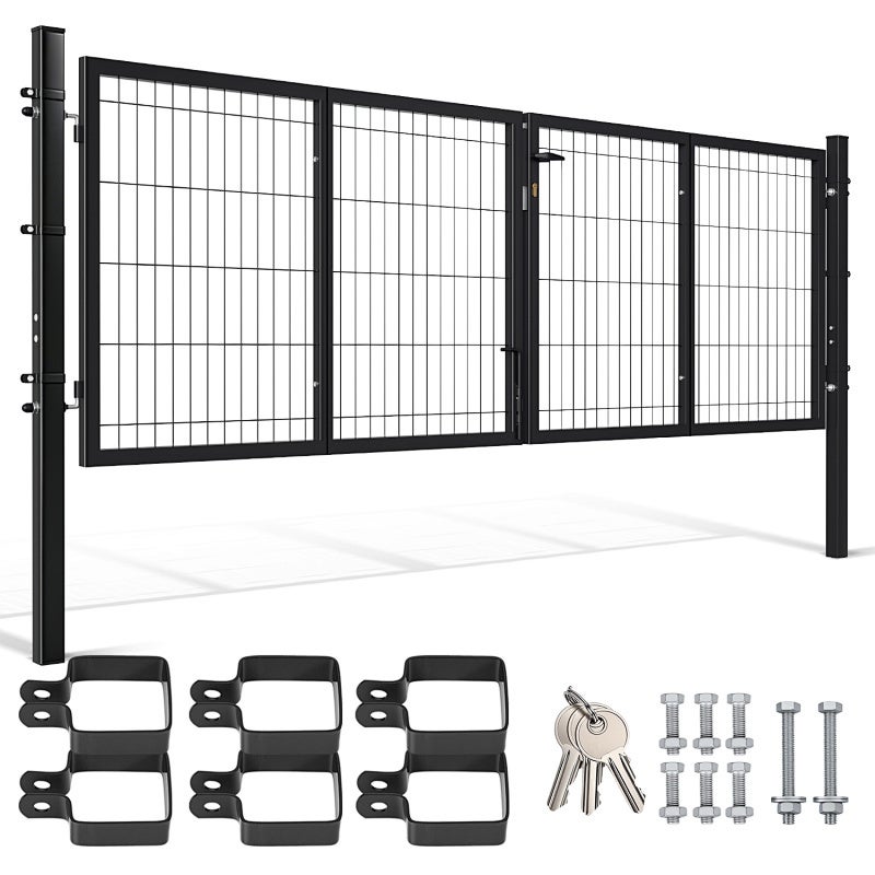 Metalowa furtka ogrodowa 300 x 100 cm - Podwójne skrzydła Furtka z siatką - Z zamkiem, uchwytem i blokadą w podłożu - Antracytowa Kwadratowa rura