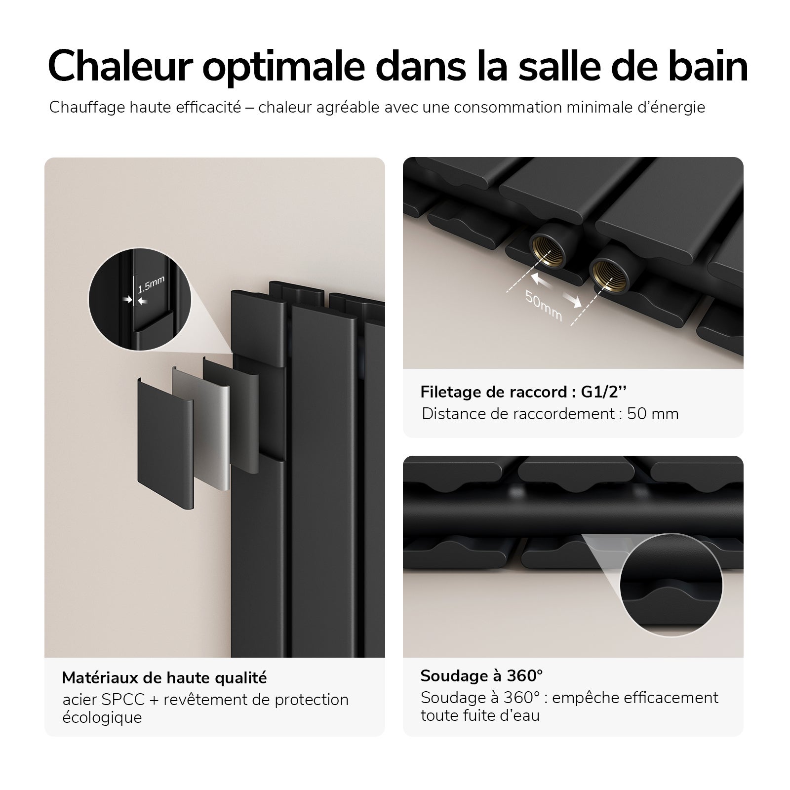 EMKE Radiateur eau chaude en acier Tube Plat Radiateur Mural Noir 160x30cm 889W Double Couche - 2