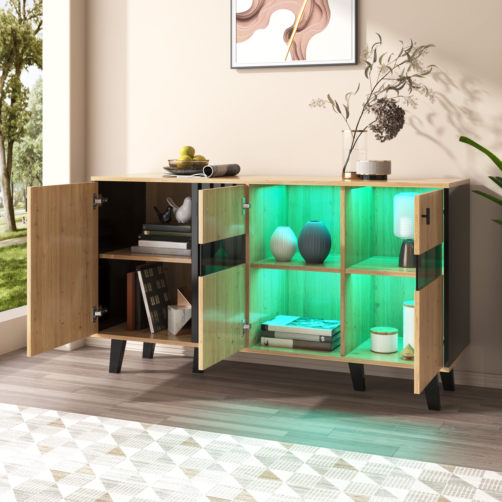 Komoda niska z 3 drzwiami - 140 x 78,5 x 41 cm - Szkło i płyta wiórowa - Diody LED - Naturalny - 7