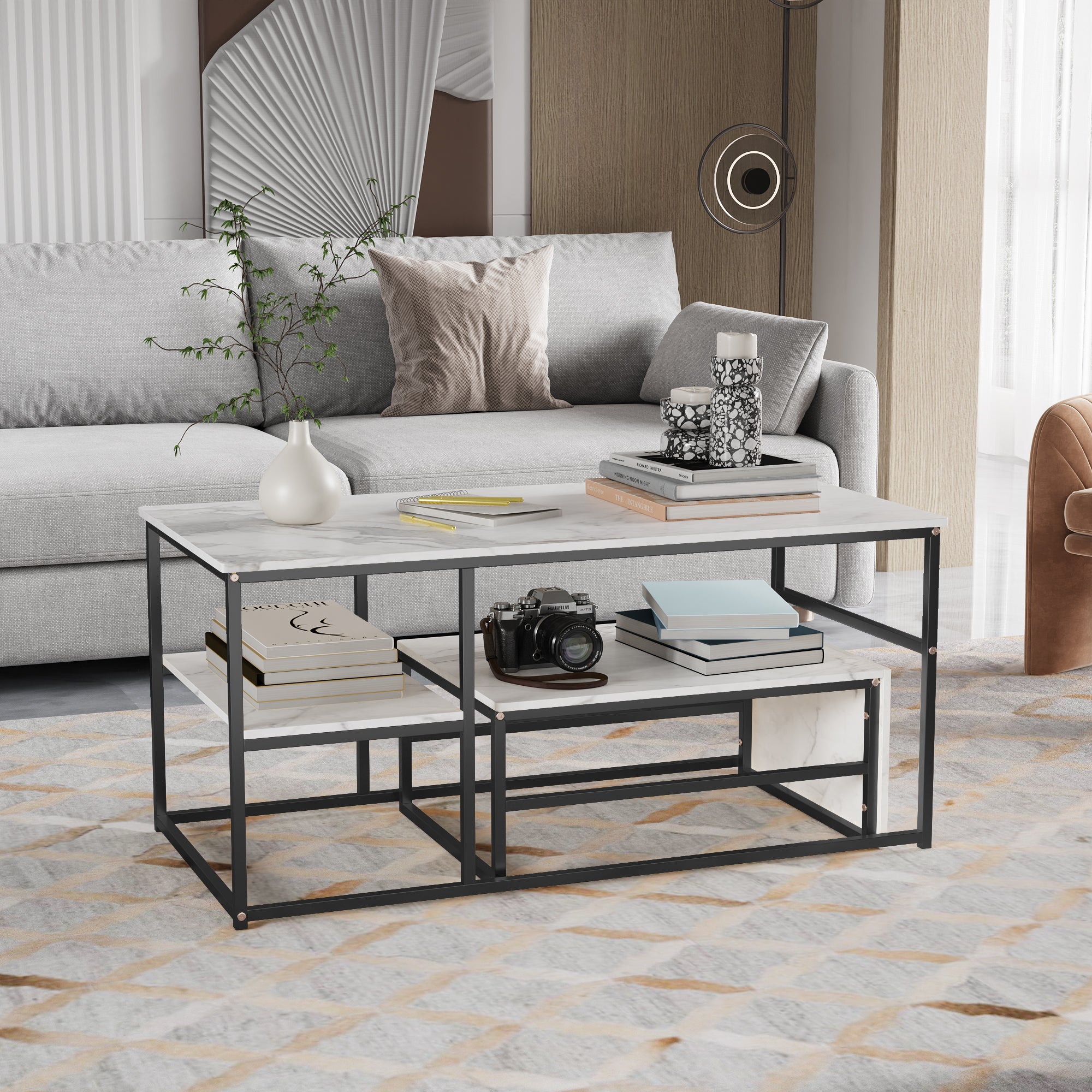 Lot de 2 Tables Basses Gigognes Rectangulaire, Table d'appoint avrc Rangement Table de Canapé avec Aspect Marbre pour Salon, Chambre, Bureau - 8