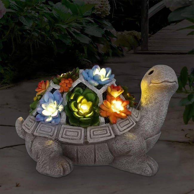 Statue De Tortue D'extérieur Avec Plante Grasse Et 7 Lumières LED – Dé