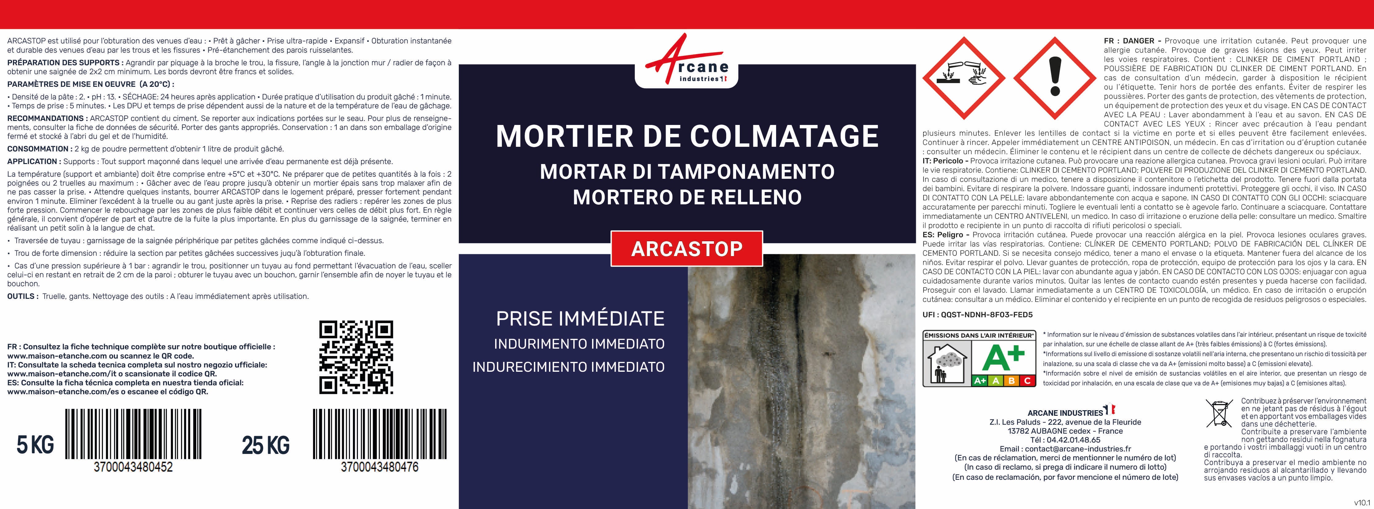 Mortier anti infiltrations eau enduit prise ultra rapide - ARCASTOP - 25 kg - ARCANE INDUSTRIES - 3