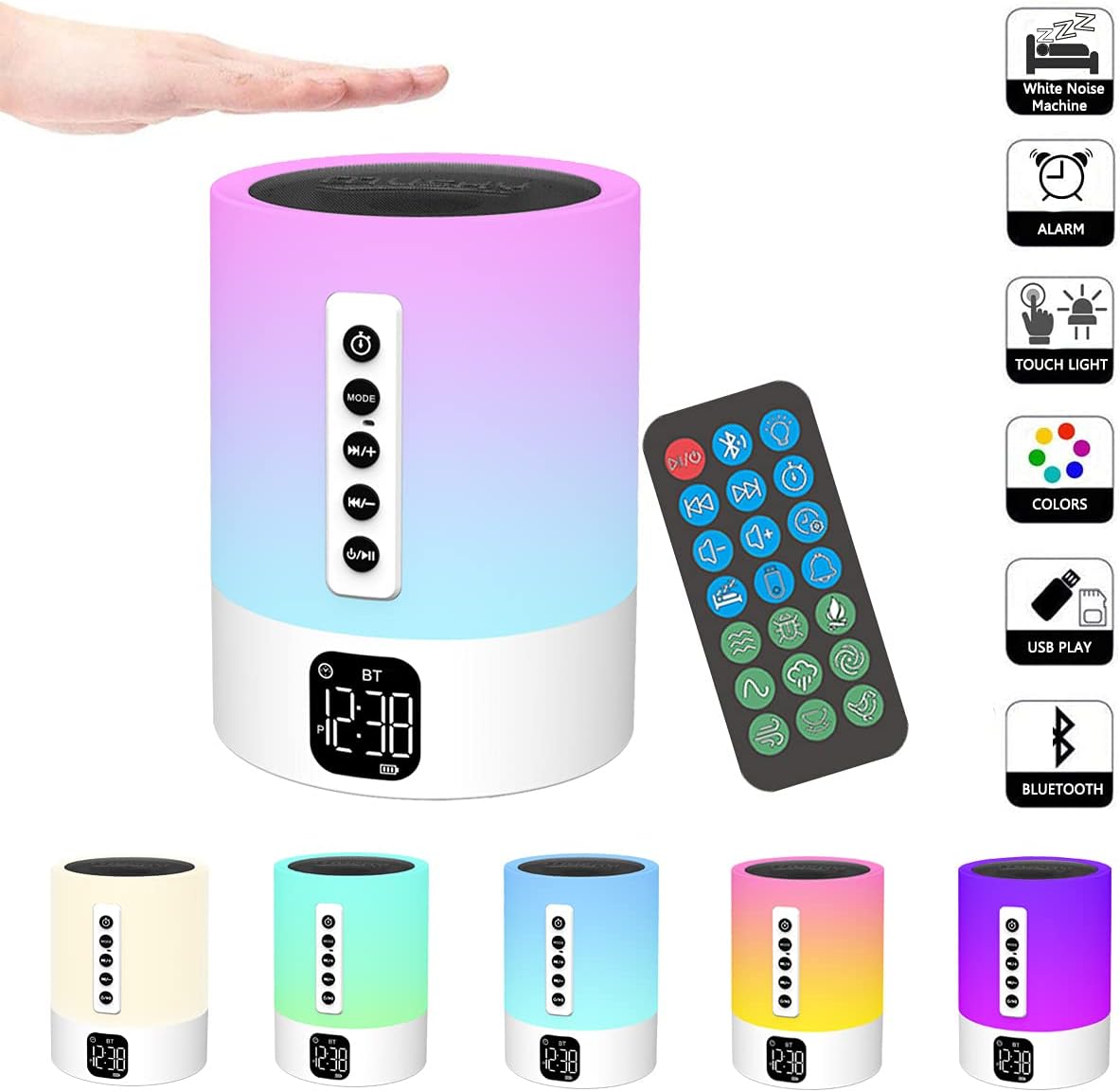 Budzik z głośnikiem Bluetooth i lampką nocną z wielofunkcyjnym generatorem białego szumu. Głośnik Bluetooth dla niemowląt z białym szumem.