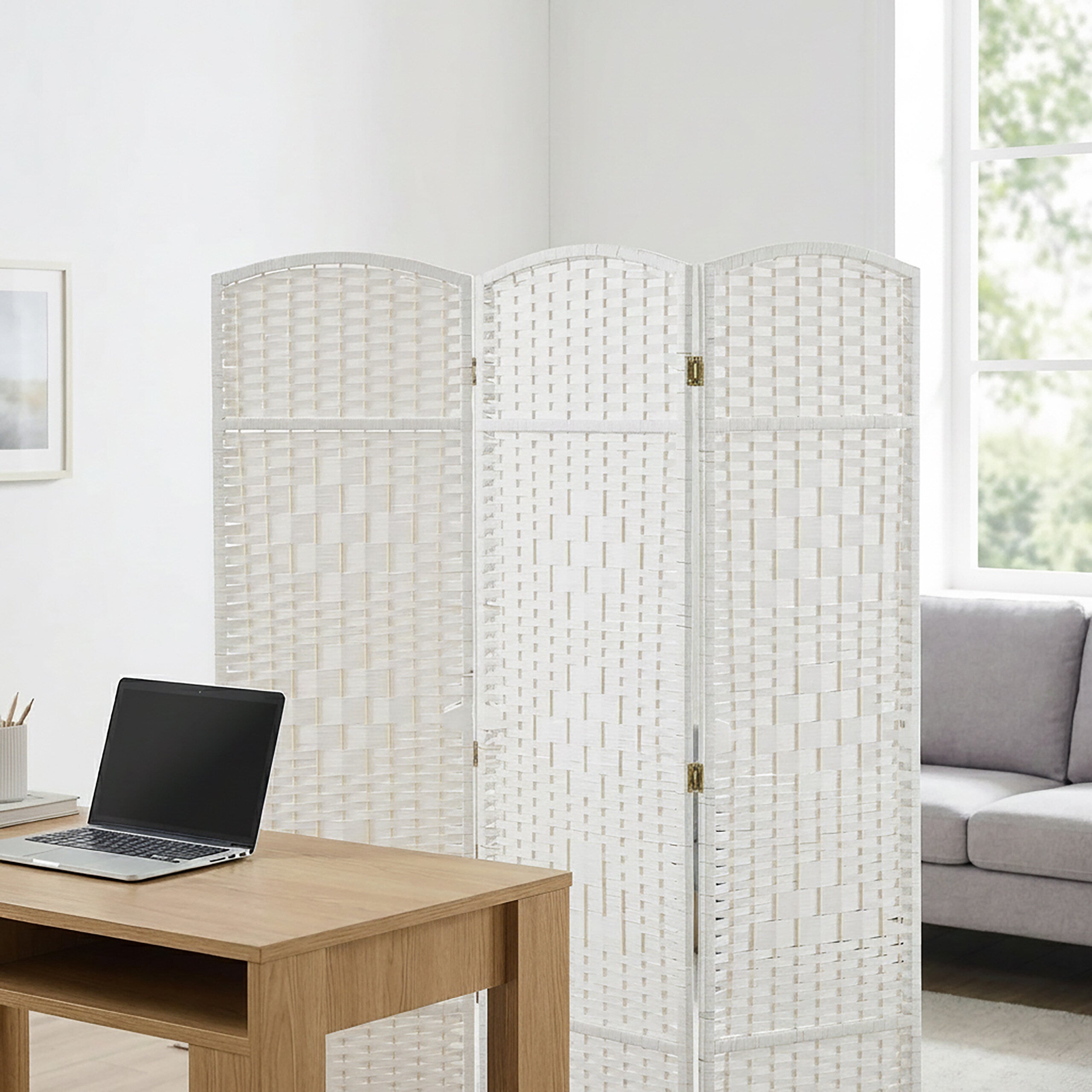 Paravent, bois et corde de papier, brise-vue pliable, 3 volets, H x L : 170 x 120 cm, pour intérieur, blanc, Relaxdays - 5